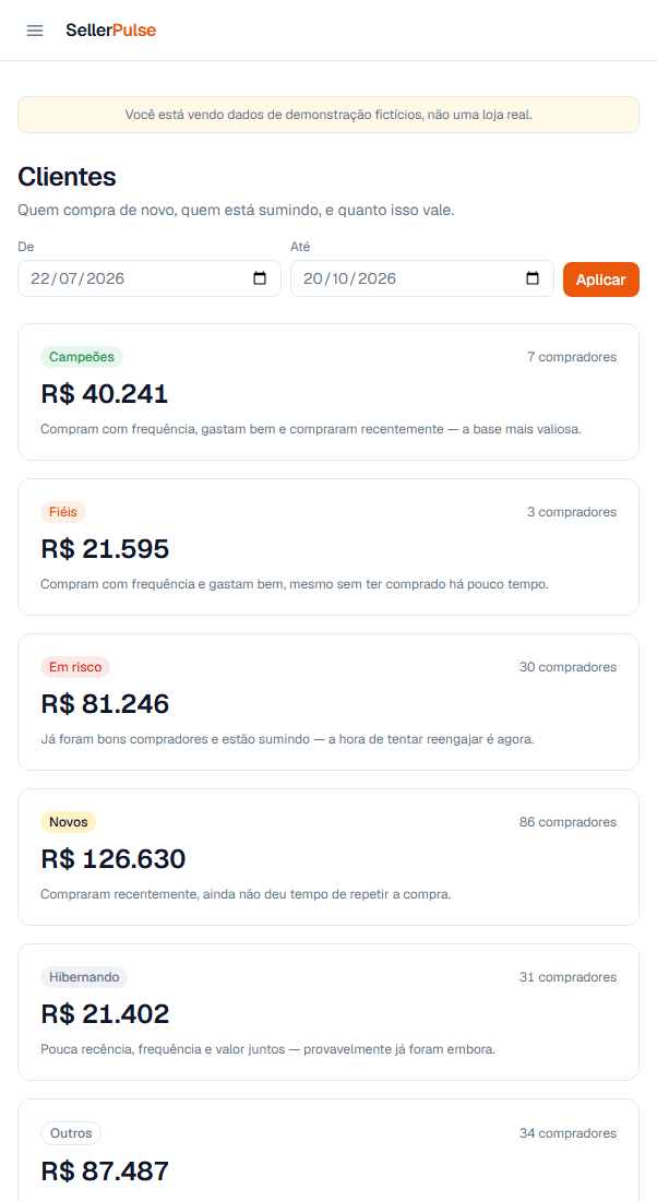 Tela de Clientes do SellerPulse, com dados de demonstração